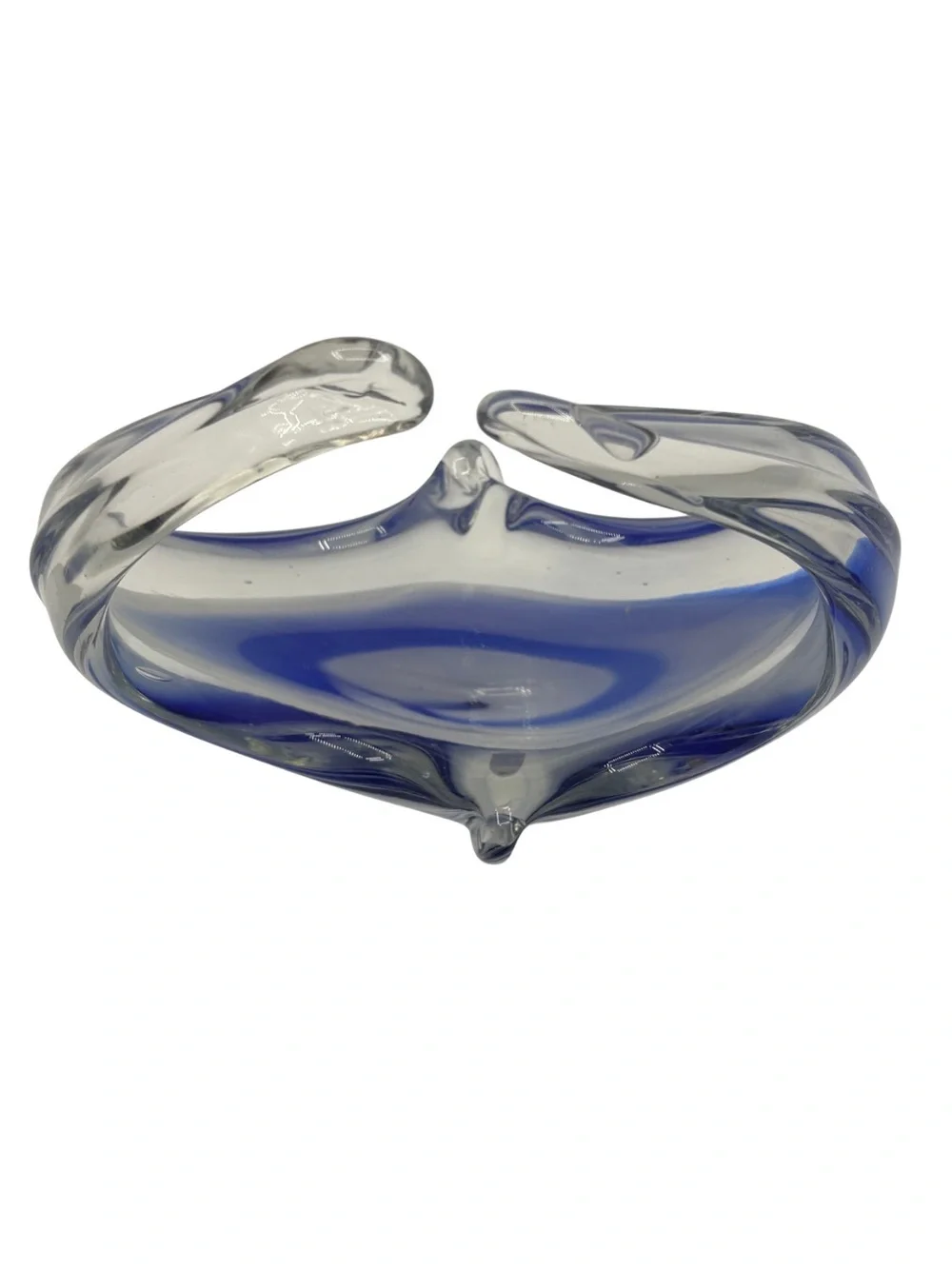 Murano Style Blue Clear Freeform Art Glass Basket Bowl Sculpture 5.5”